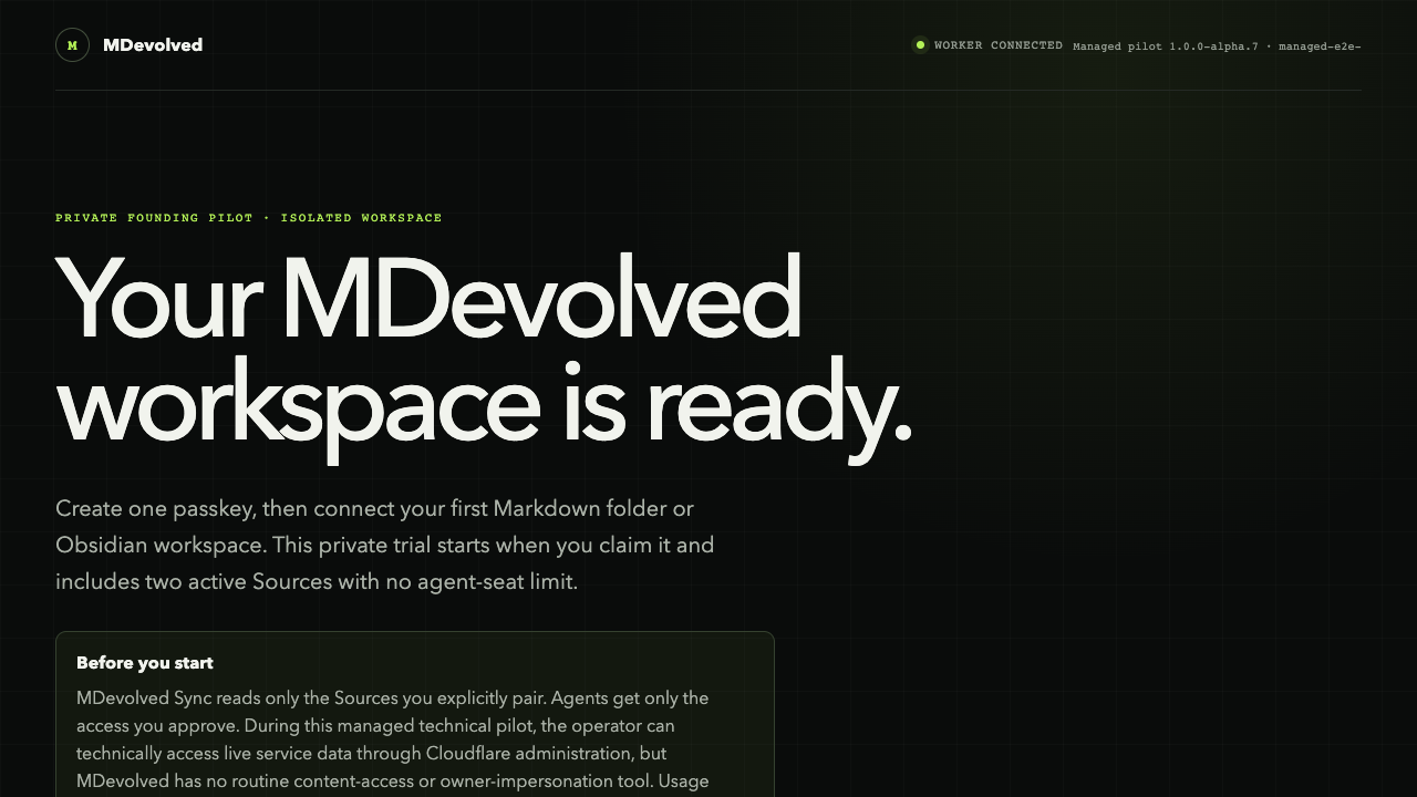 MDevolved owner claim screen asking the owner to create a passkey.