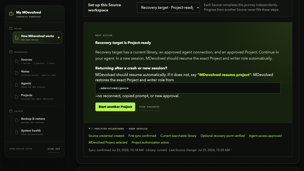 MDevolved setup showing a synthetic Source with its searchable library ready.