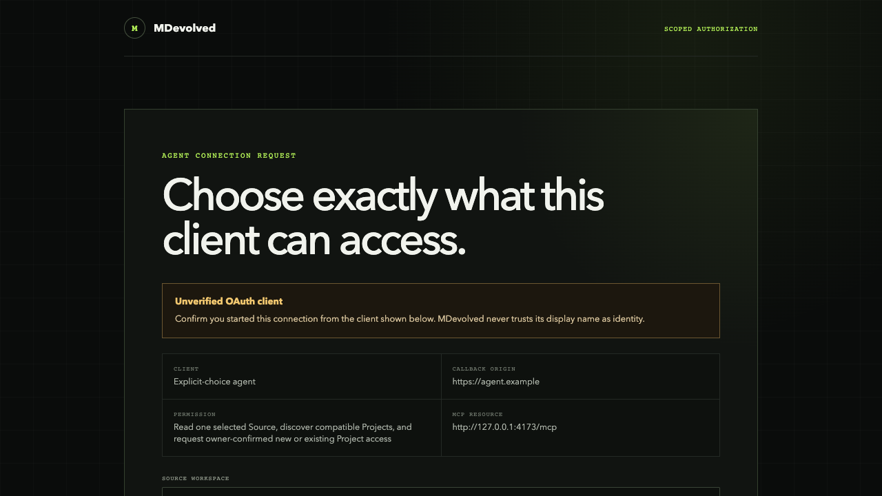 MDevolved authorization screen limiting a synthetic agent to one selected Source.