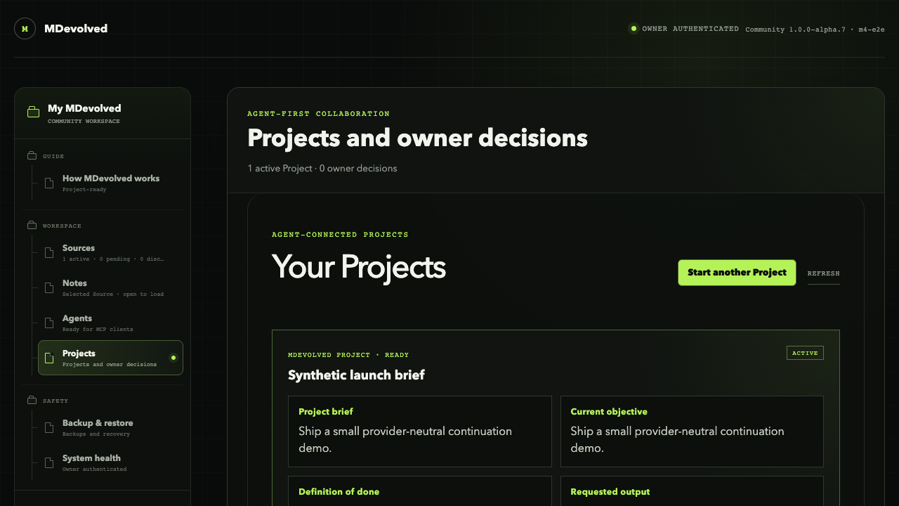 MDevolved Project view showing a synthetic checkpoint from Client A.