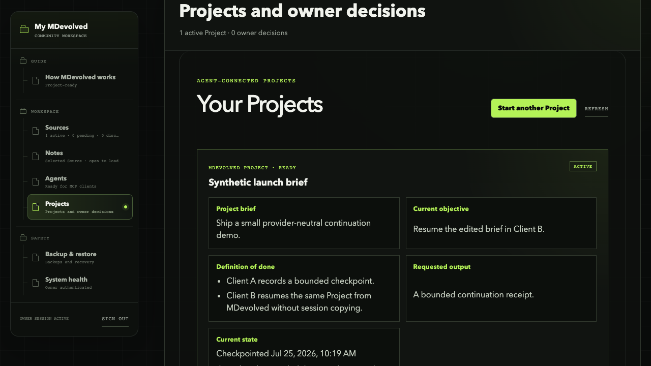 MDevolved Project view showing Client B resumed with the updated synthetic objective.